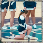 mosaic background behind a photo of Penny, who is a cheerleader at a basketball game