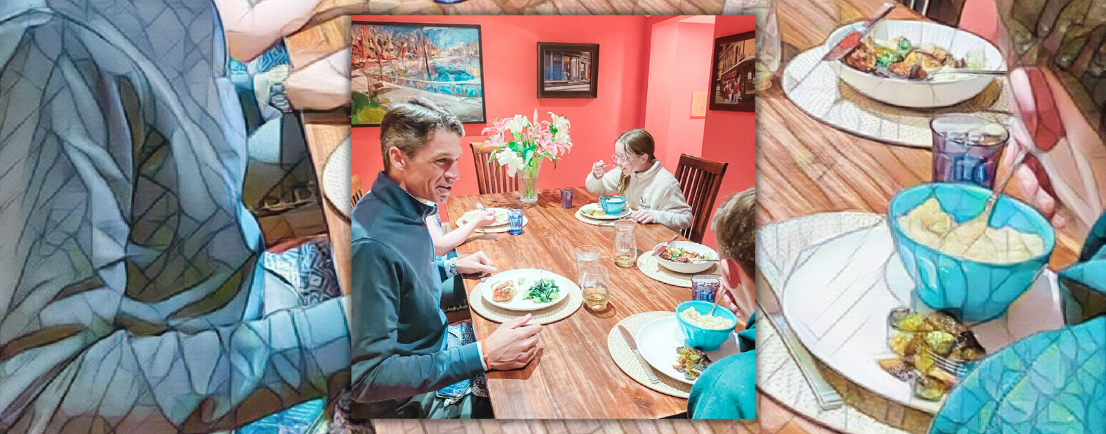 mosaic background behind a photo of Amy Julia's family eating dinner together