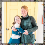 mosaic background with photo of Penny and her former babysitter Linnea giving each other a side hug in front of a yellow door