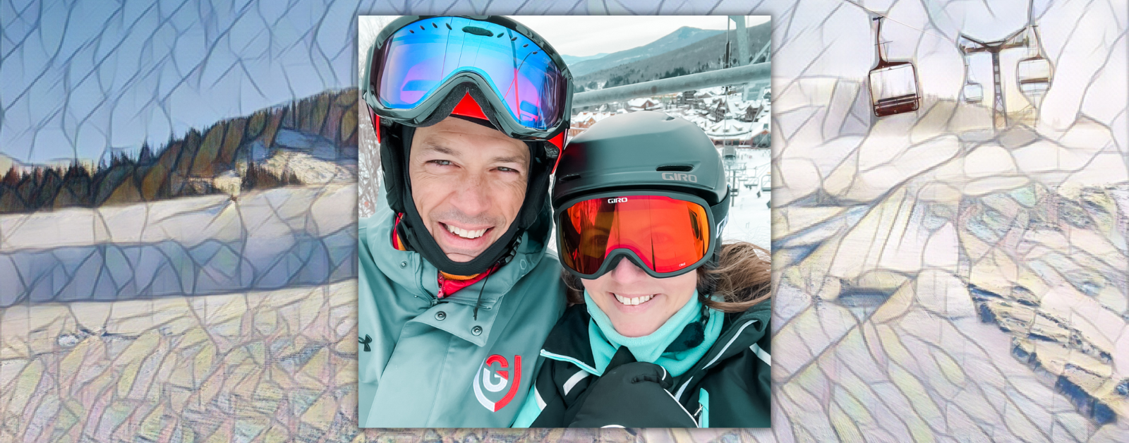 mosaic background with photo of Peter and Amy Julia smile for a selfie. They are wearing ski goggles and there is a snowy slope behind them