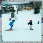 mosaic background with a photo of Penny and her ski instructor facing each other and skiing