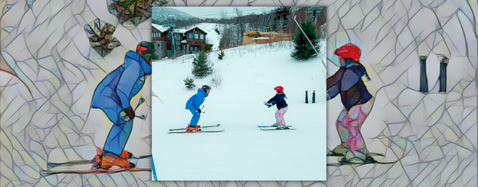 mosaic background with a photo of Penny and her ski instructor facing each other and skiing