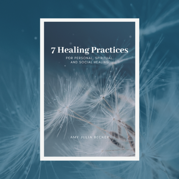 blue-tinted dandelion background behind the cover of the PDF resource 7 Healing Practices