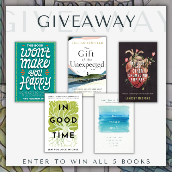 mosaic background behind a graphic with 5 books covers of the books mentioned in the post for the giveaway