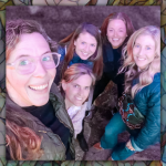mosaic background behind a photo of amy Julia with four grown-up friends posing with her for a selfie