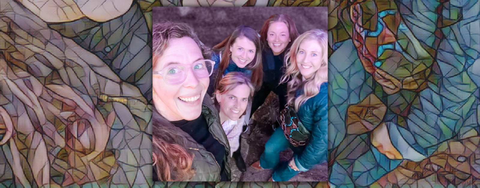 mosaic background behind a photo of amy Julia with four grown-up friends posing with her for a selfie