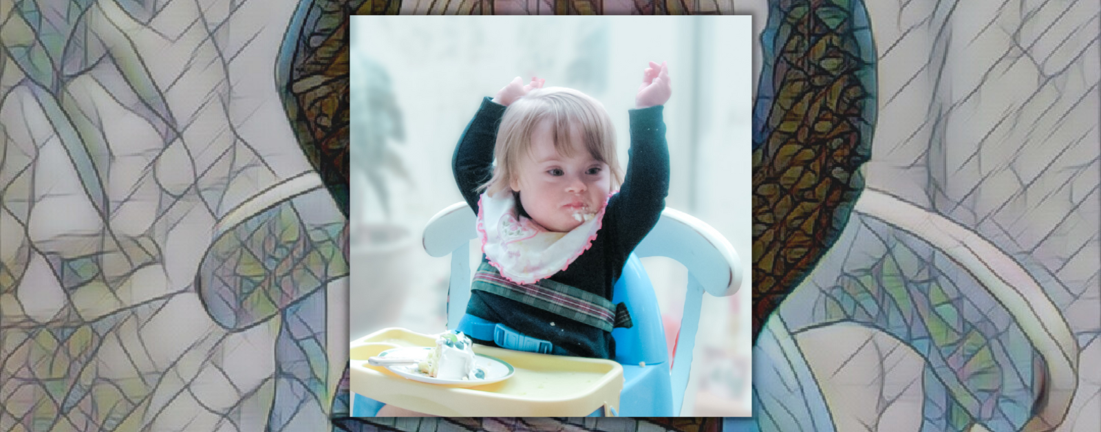 mosaic background behind a photo of one-year-old Penny raising her arms above her head. She is sitting in a high chair with cake on the tray.