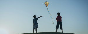 two boys stand on a hill flying a kite