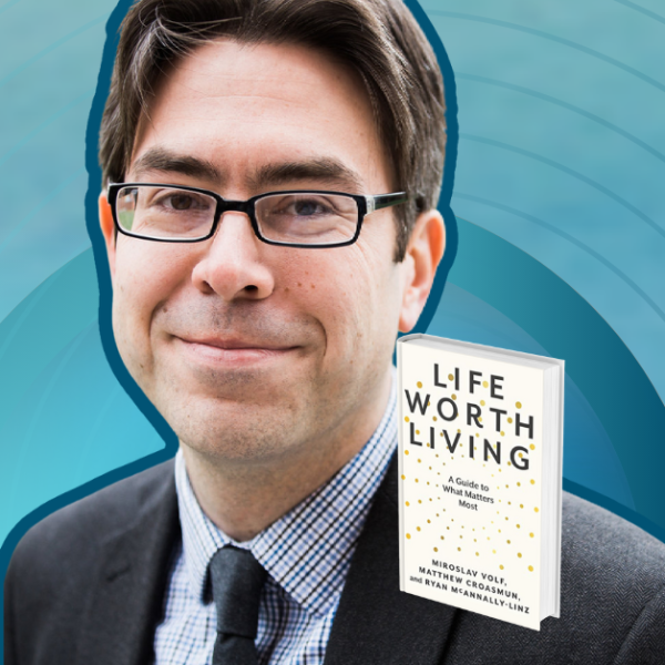 gradient blue graphic with cutout picture of Matt Croasmun, the book cover of Life Worth Living, and text that says Love Is Stronger Than Fear