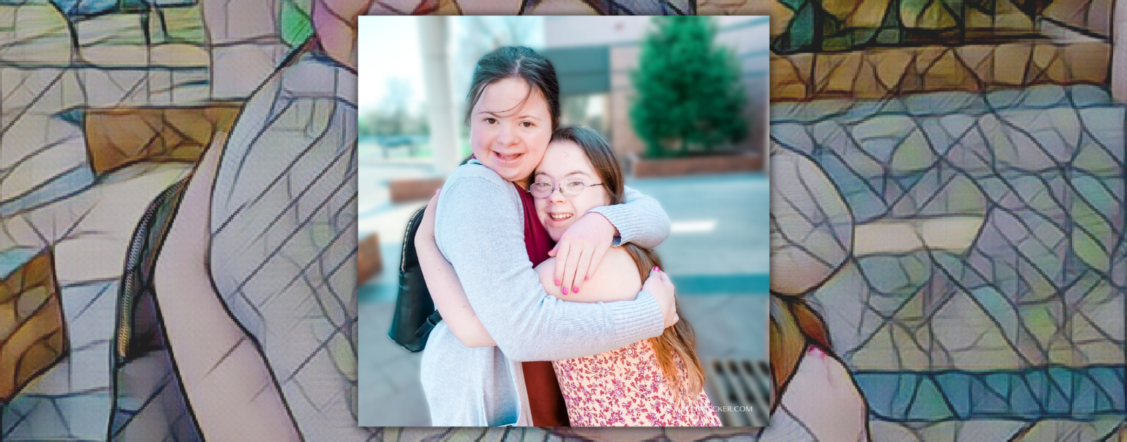 Rachel and Penny, two teenagers who have Down syndrome, give each other a hug