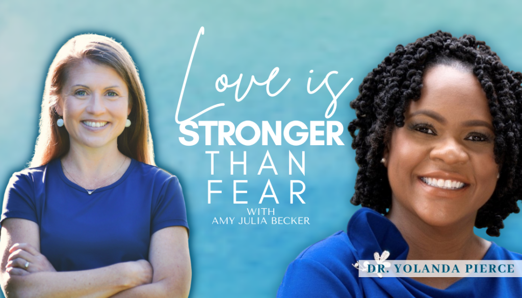 gradient blue graphic with cutout photos of Amy Julia Becker and Yolanda Pierce and text that says Love Is Stronger Than Fear