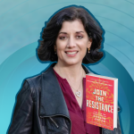 gradient blue graphic with cutout picture of Michelle Ferrigno Warren , the book cover of Join the Resistance, and text that says Love Is Stronger Than Fear