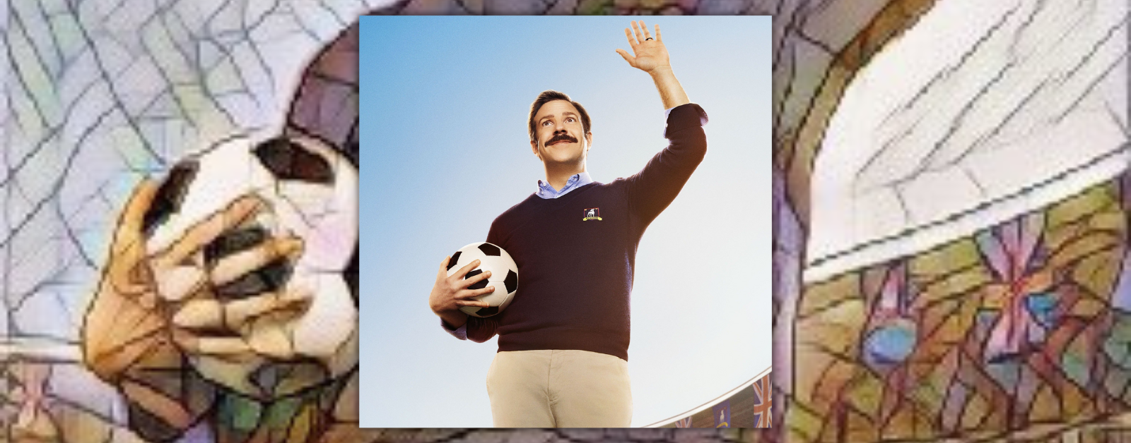 photo of Ted Lasso holding a soccer ball and waving