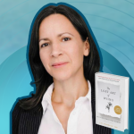 gradient blue graphic with cutout photo of Dr. Lydia Dugdale, the book cover of The Lost Art of Dying, and text that says Love Is Stronger Than Fear
