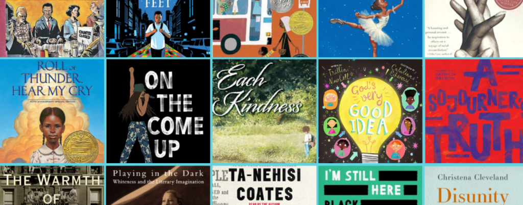 collage of books about race, history, and privilege