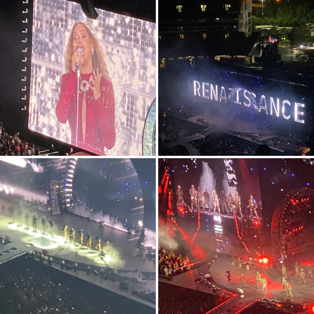 collage of photos of Beyonce performing on stage