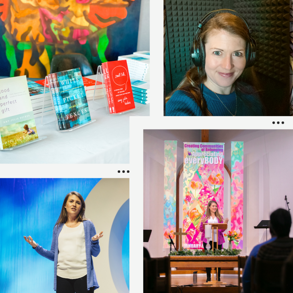 photo collage of Amy Julia speaking, teaching, recording, and her books