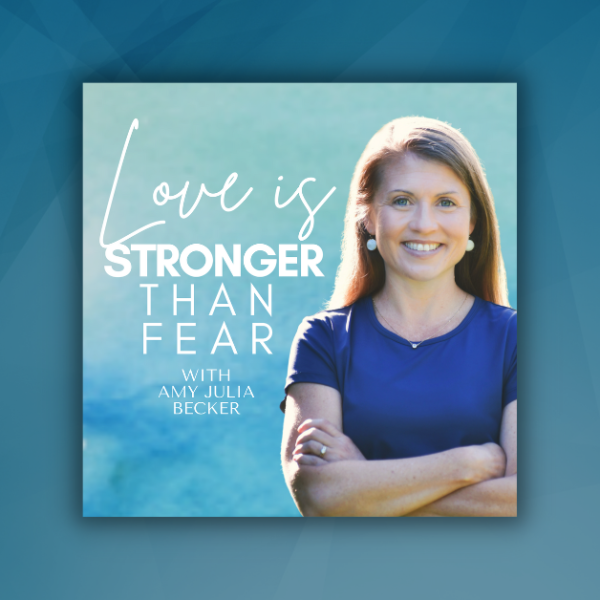 gradient blue graphic with logo of Love is stronger than fear podcast