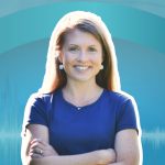 cutout photo of Amy Julia on a gradient blue graphic with text that says Love Is Stronger Than Fear and the podcast logo