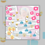 graphic with a photo from the Barbie movie and graphic overlays of hearts, thumbs up, surprised faces, and laughing faces