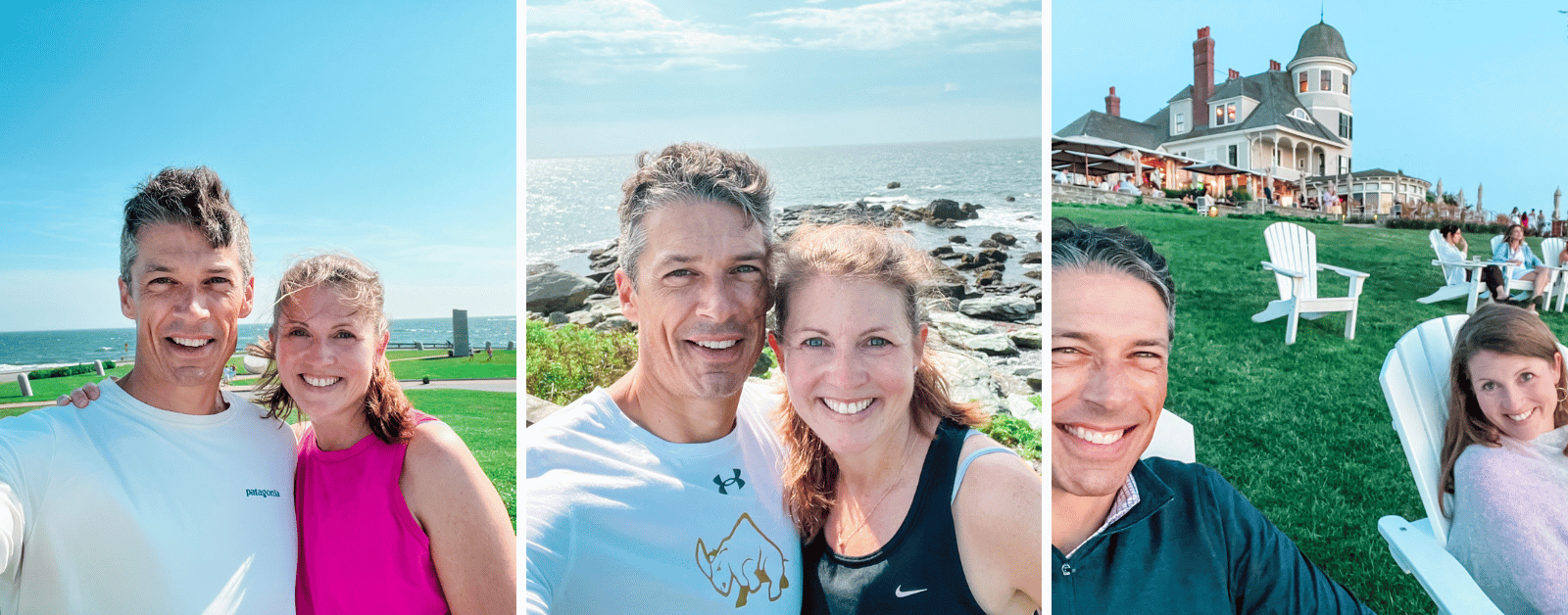 graphic with 3 photos of Peter and Amy Julia smiling for a selfie by the ocean