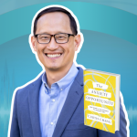 gradient blue graphic with cutout photo of Curtis Chang, the book cover of The Anxiety Opportunity, the Love Is Stronger Than Fear podcast logo