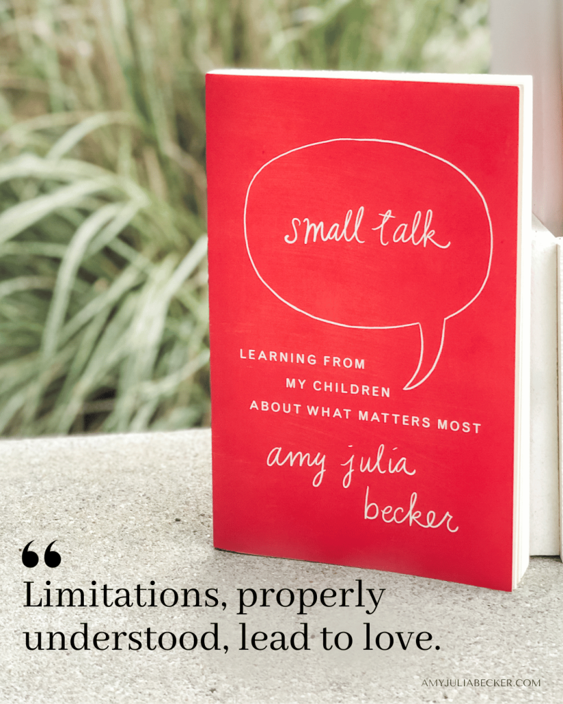 photo of the book Small Talk next to a white pillar on a porch with blurred grasses in the background with text overlay that says: Limitations, properly understood, lead to love.
