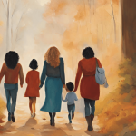 painting of moms and kids walking away in an autumn woods