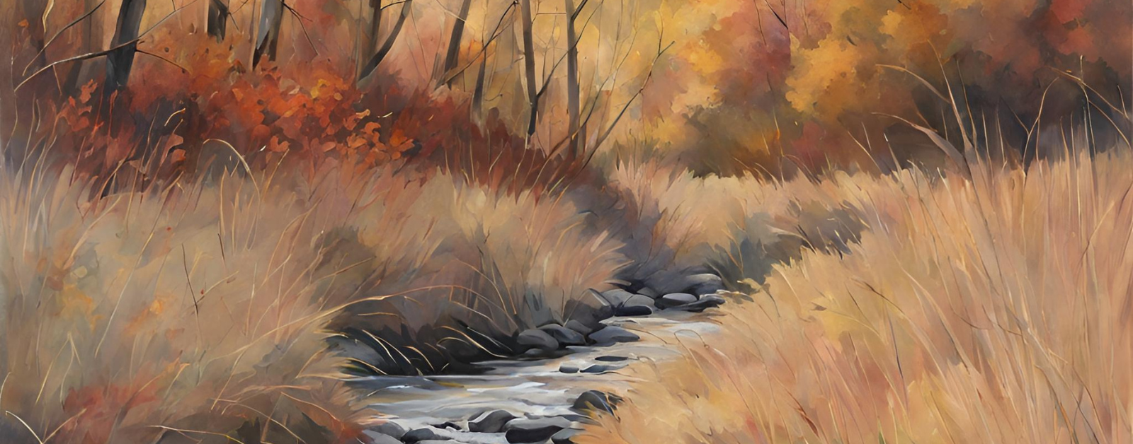 painting of a creek winding through fall grasses