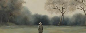 painting of a person facing towards winter trees