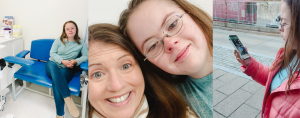 collage of Penny and Amy Julia at Down syndrome clinic at Mass General in Boston