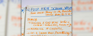 large piece of paper on a white board with writing from Penny's PATH meeting