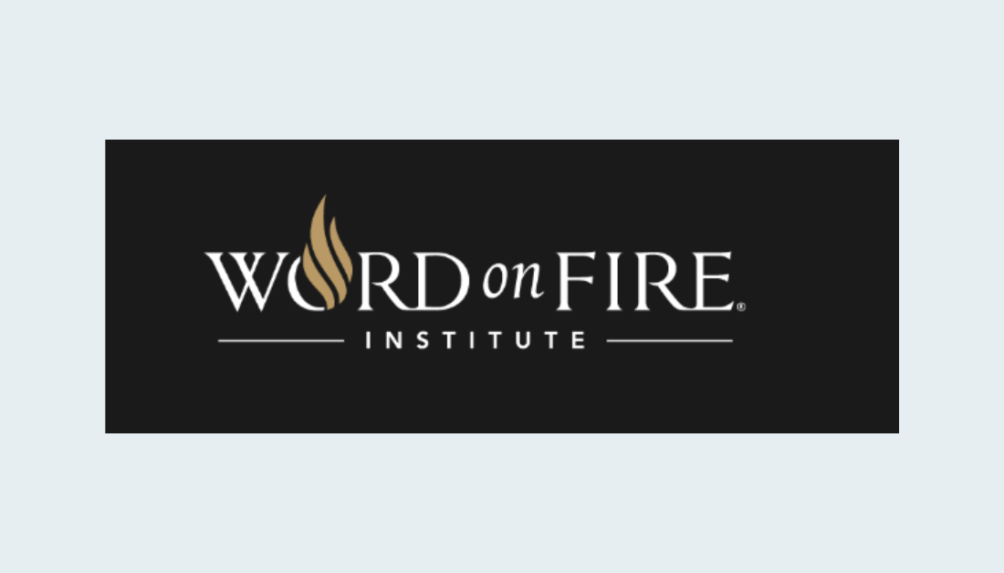 blue graphic with a black rectangle centered with text that says Word on Fire Institute
