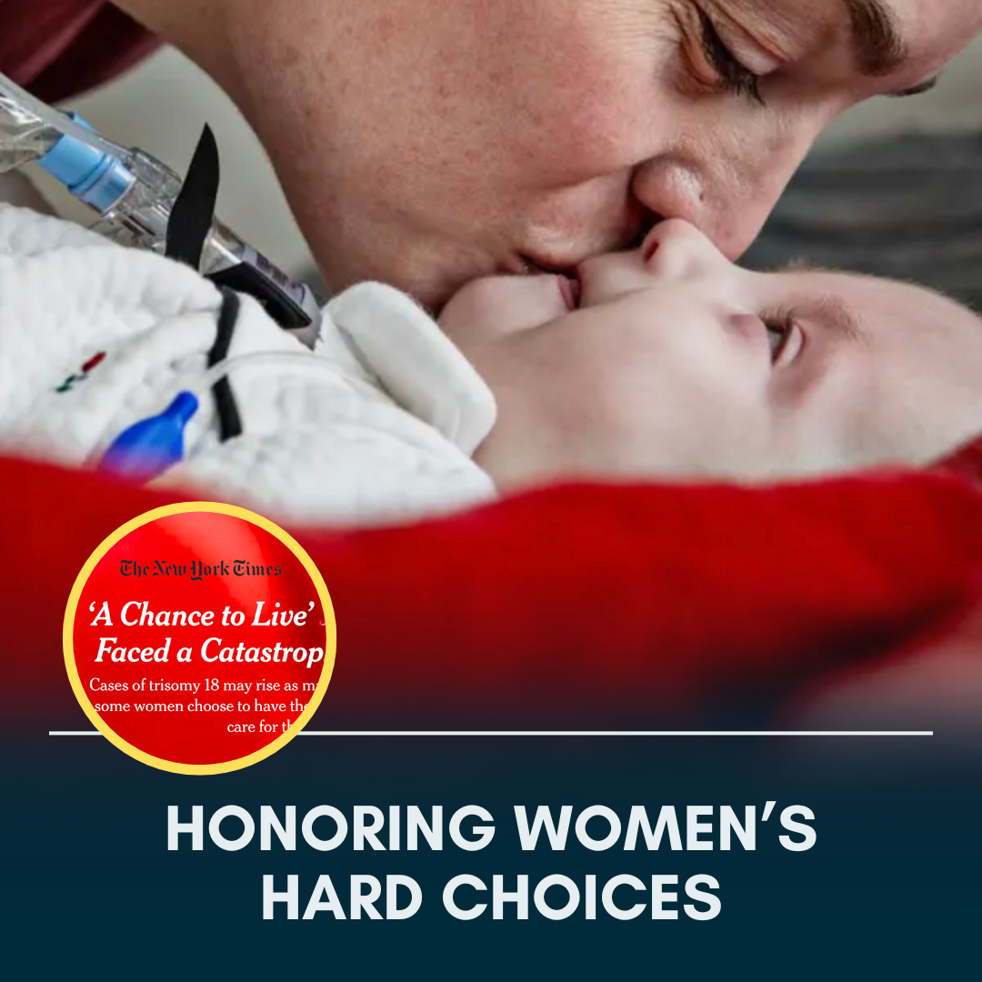 screenshot of the NYT essay cover, which is a close-up view of Ashlee Wiseman, bending down to kiss her daughter, Lennie, who is lying on a red blanket. A circle graphic on the left contains the following words on a red background: "A Chance to Live." A white line cuts through the bottom third of the photo and below that are the words: "Honoring Women's Hard Choices"
