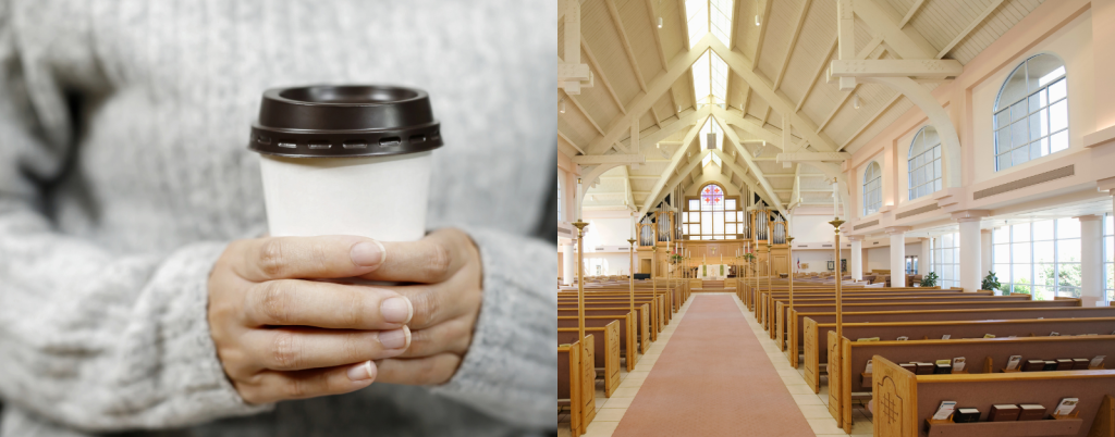 a graphic with two photos, one of hands holding a coffee cup and one of the interior of an empty church sanctuary