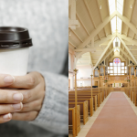 a graphic with two photos, one of hands holding a coffee cup and one of the interior of an empty church sanctuary