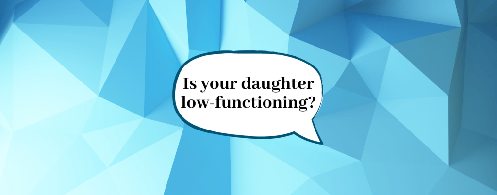 gradient blue background with geometric shapes and a speech bubble in the middle that says, "Is your daughter low functioning?"