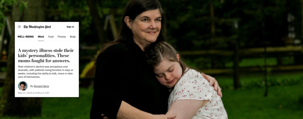 screenshot of Washington Post essay "A mystery illness stole their kids' personalities. These moms fought for answers" and photo of a mother and a daughter, who has Down syndrome, giving each other a hug