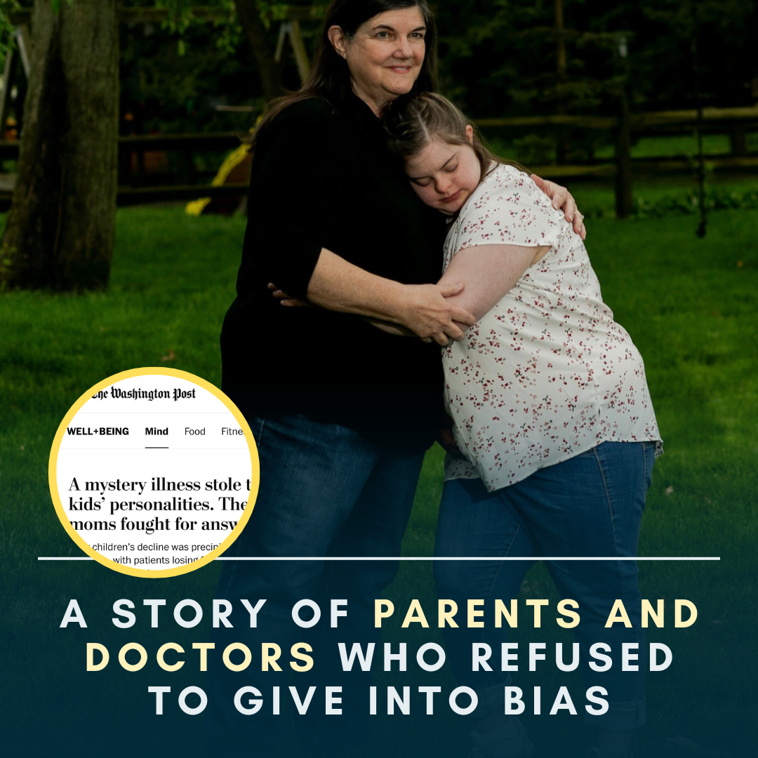 screenshot of Washington Post essay "A mystery illness stole their kids' personalities. These moms fought for answers" and photo of a mother and a daughter, who has Down syndrome, giving each other a hug, with text below that says: "A story of parents and doctors who refused to give into bias"