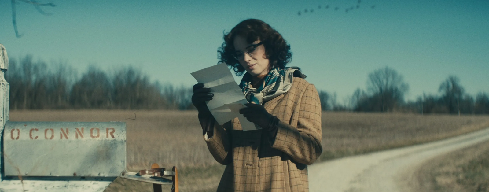 creenshot of Flannery O'Connor reading a letter by a mailbox from the Wildcat movie trailer