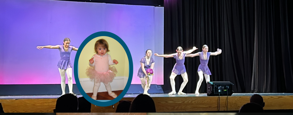 photo of Penny dancing on stage with other dancers. She is wearing a purple dance costume and holding flowers; inside the photo is a blue-framed photo of Penny as a toddler wearing a pink tutu