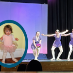 photo of Penny dancing on stage with other dancers. She is wearing a purple dance costume and holding flowers; inside the photo is a blue-framed photo of Penny as a toddler wearing a pink tutu