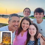 photo of Peter, Amy Julia, Marilee, Penny, and William posing for a selfie in front of a sunset over water with photo overlay of The Anxious Generation book