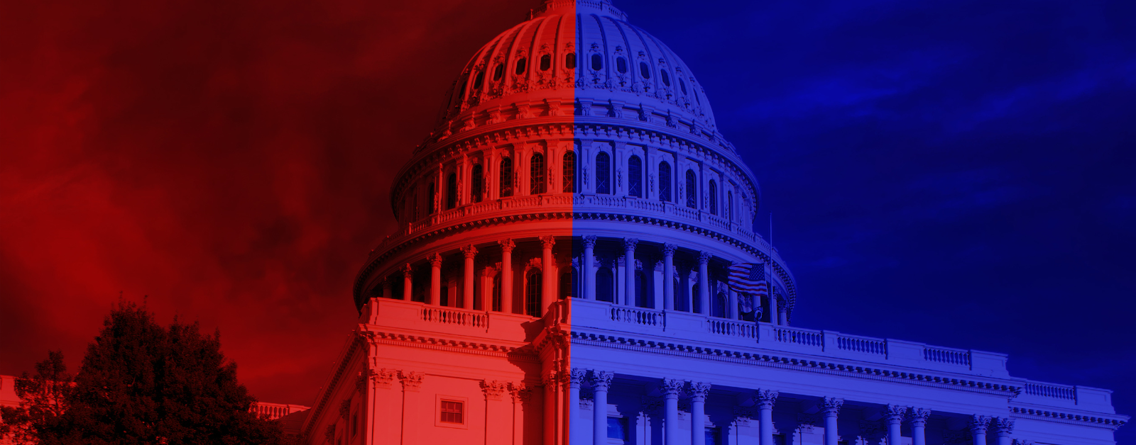 the capitol building with half of it highlighted in red and half in blue to represent politicians and their political parties