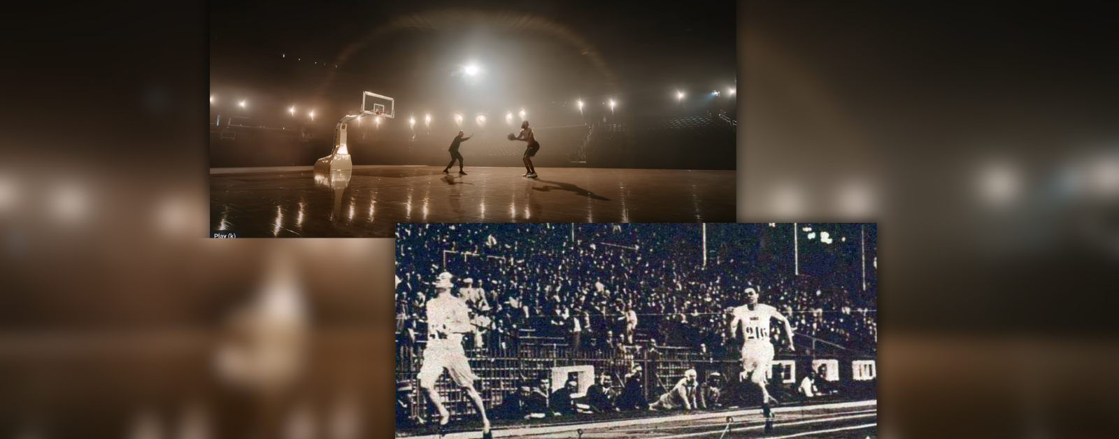 graphic with two photos, one of LeBron James playing basketball and one of Eric Liddell running