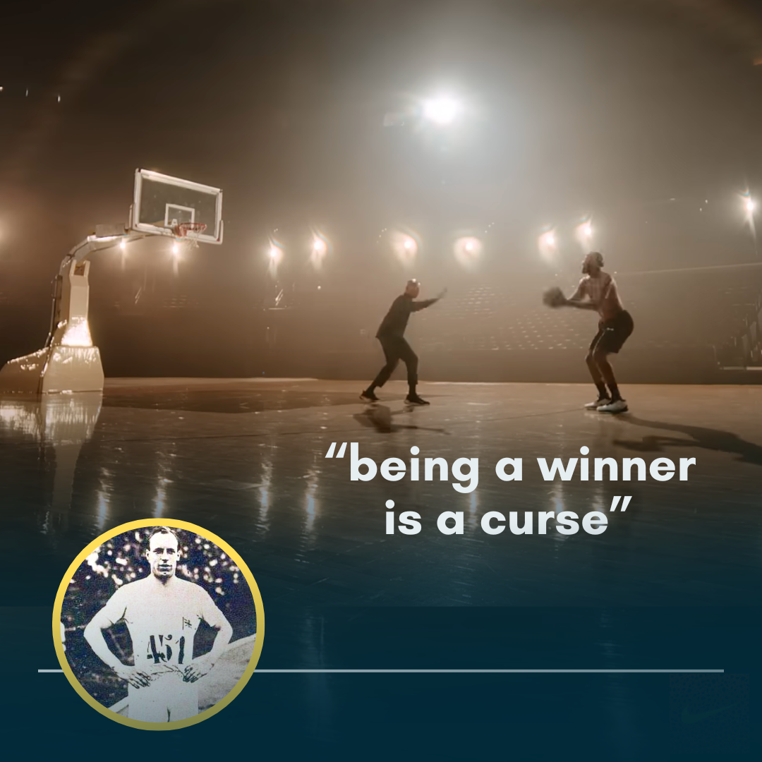 screenshot of LeBron James playing basketball in Olympics ad with text overlay that says "being a winner is a curse;" a circle-framed, black and white photo of Eric Liddell is in the bottom left corner