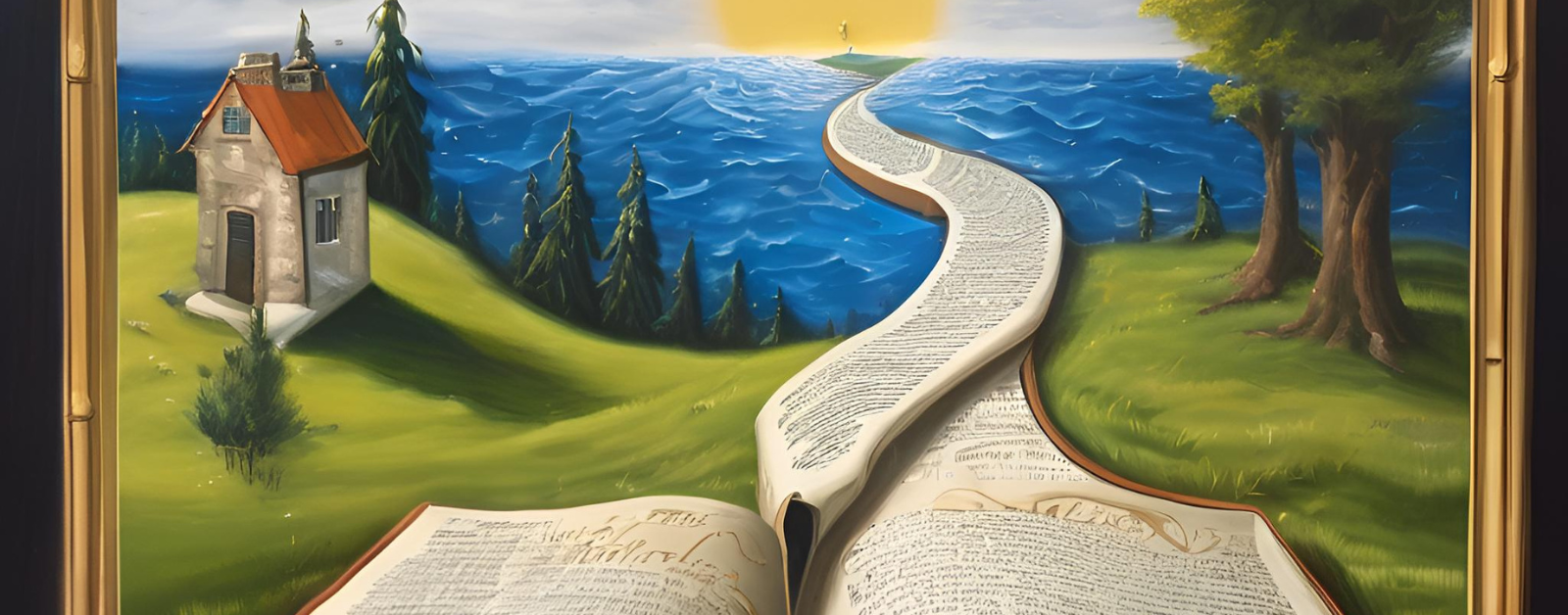 The image shows a surreal scene where an open book lies on a grassy hill, with its pages forming a winding path that stretches into the distance, disappearing into the horizon where the sun is setting over an ocean. The path, which consists of text from the book, connects the open book to a small house on one side and a large tree on the other. The landscape is lush, with green fields, trees, and a calm, deep-blue ocean. The overall atmosphere evokes a sense of journey, knowledge, and adventure, blending nature and literature.