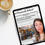 desk with a laptop and cup of coffee and an ipad. On the ipad screen is an image. The image shows a combination of a news article and Amy Julia addressing the camera in a split-screen format. The upper part displays a New York Times headline titled "Today's Parents: 'Exhausted, Burned Out and Perpetually Behind'" with a brief summary: "The surgeon general is warning about parents' stress, a sign that intensive parenting may have become too intense for parents.”