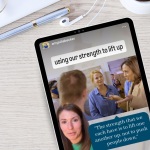 An ipad is on a desk. On the screen is a reel where Amy Julia is talking. At the top is text that says: using our strength to lift up. On the background is a photo of Kamala Harris in a beige coat speaking to a group in a factory. Below them, a quote reads “The strength that we each have is to lift one another up, not to push people down."