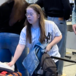 collage of photos of Penny going through airpot security by herself and Peter watching closely